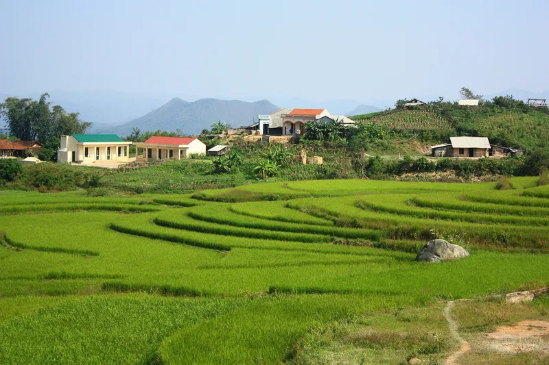 Ruộng lúa bậc thang xanh mướt trải dài đến ngôi làng với những mái nhà nhiều màu gần Đồng Cao, Bắc Giang.